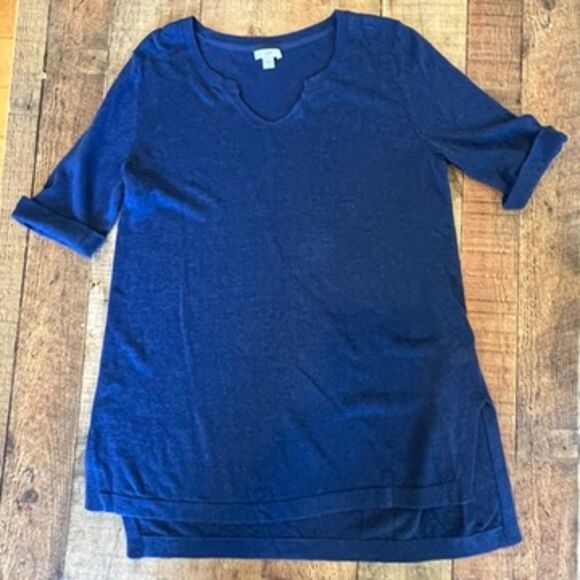 J.Jill Linen Blend Navy Blue Tunic Pullover Knit Cuffed Sleeve Small Petite - Picture 9 of 9